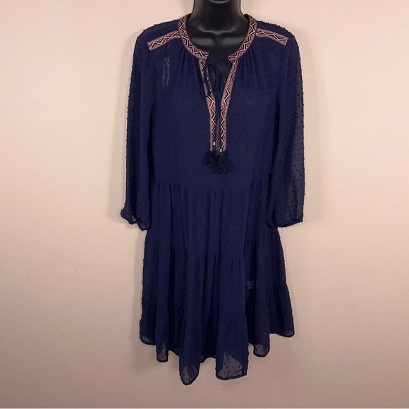 Small Daniel Rainn Blue Dress Boho Peasant Long Sleeve Embroidered Accent Lined - Picture 8 of 15
